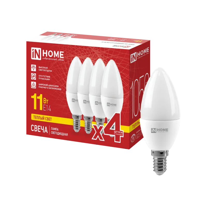 картинка Лампа светодиодная LED-СВЕЧА-VC 4PACK 11Вт 230В Е14 3000К 1050Лм (4шт./упак) IN HOME