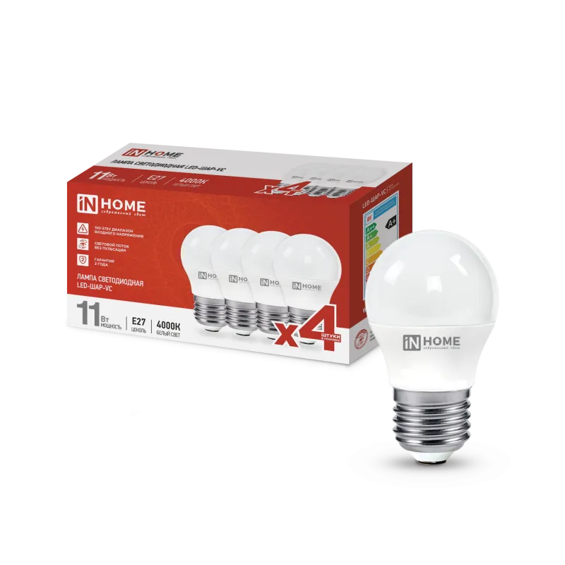 картинка Лампа светодиодная LED-ШАР-VC 4PACK 11Вт 230В Е27 4000К 1050Лм (4шт./упак) IN HOME