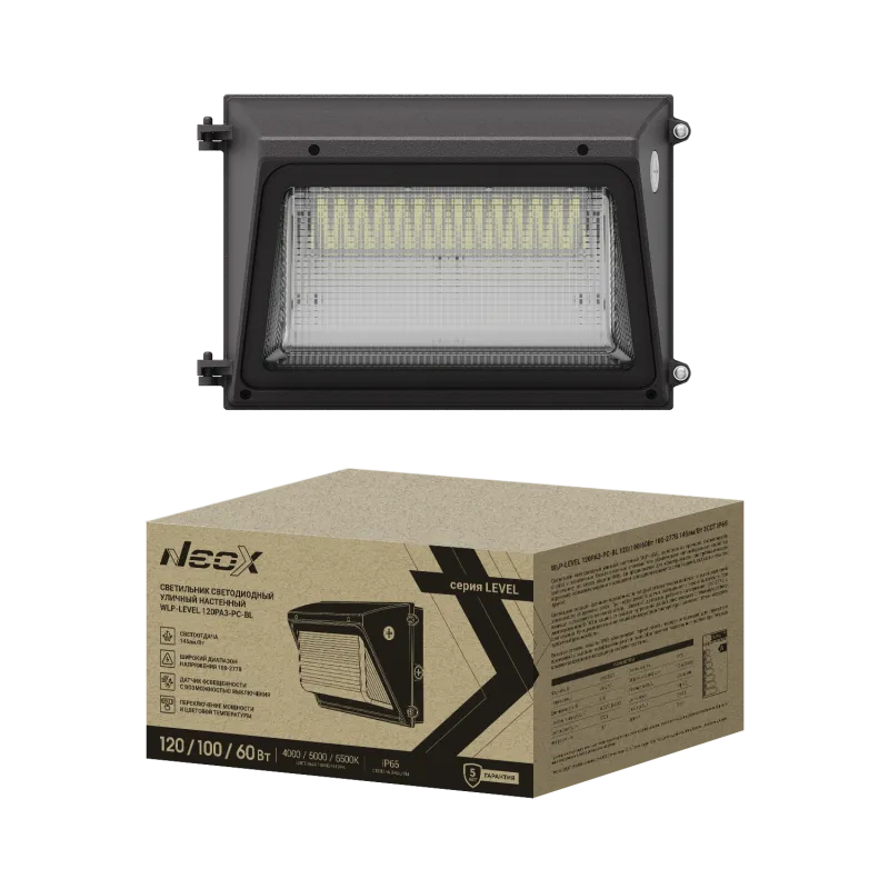 картинка Светильник уличный настенный светодиодный WLP-LEVEL 120PA3-PC-BL 120/100/60Вт 100-277В 145Лм/Вт 3CCT 5лет IP65 NEOX