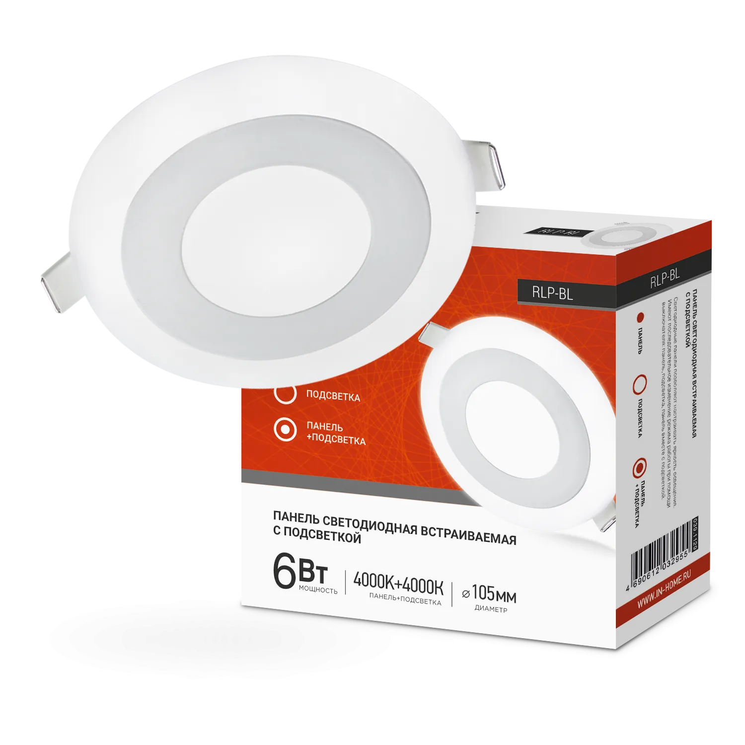 картинка Панель светодиодная встраиваемая круглая RLP-BL 6Вт 230В 4000К 350Лм 105мм с подсветкой белая IP20 IN HOME