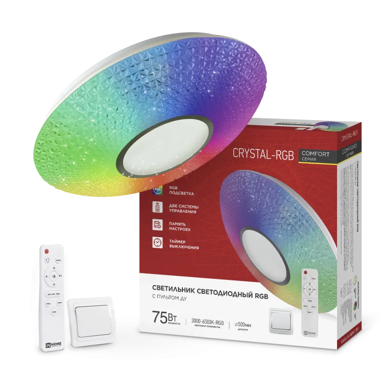 картинка Светильник светодиодный COMFORT CRYSTAL-RGB 75Вт 230В 3000-6500K 6000Лм 500x115мм с пультом ДУ IN HOME