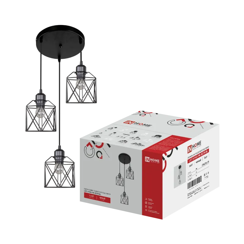 картинка Светильник подвесной под лампу LOFT ATIKO-PN-3E27R-BL 3хЕ27 подвес 1м круглая база черный IN HOME