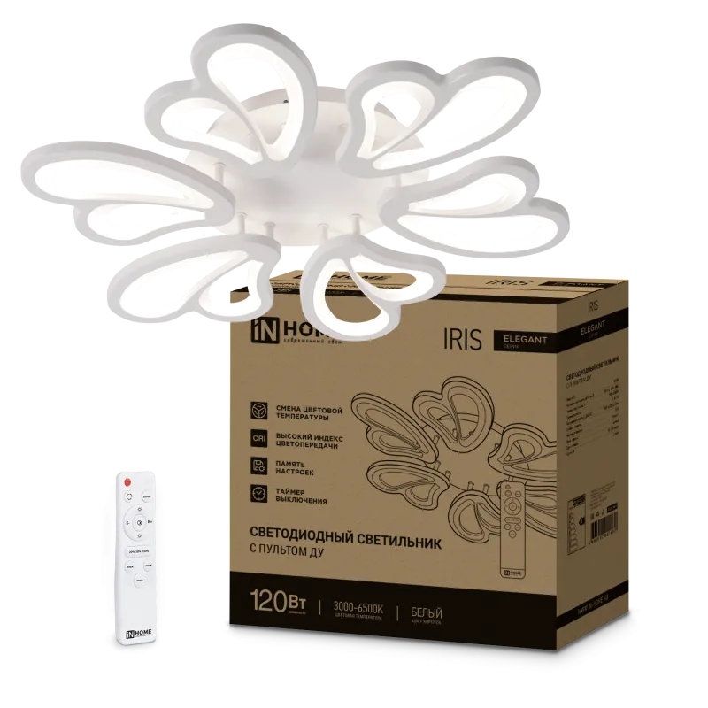 картинка Светильник светодиодный ELEGANT IRIS 120Вт 230В 3000-6500K 607х535х85мм c пультом ДУ белый IN HOME