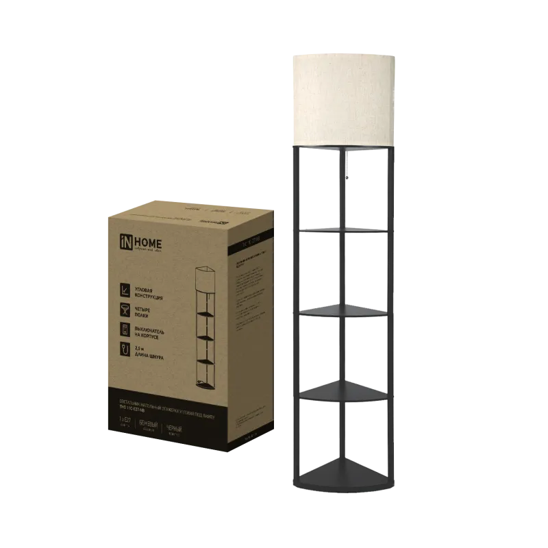 картинка Светильник напольный под лампу этажерка угловая ТНО 11С-Е27-NB бежевый абажур, черный корпус IN HOME