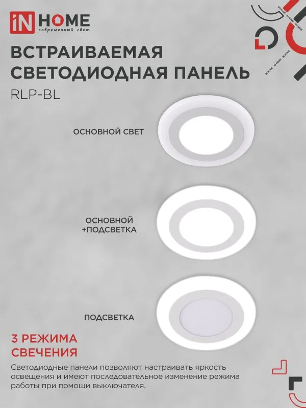 картинка Панель светодиодная встраиваемая круглая RLP-BL 9Вт 230В 4000К 540Лм 145мм с подсветкой белая IP20 IN HOME
