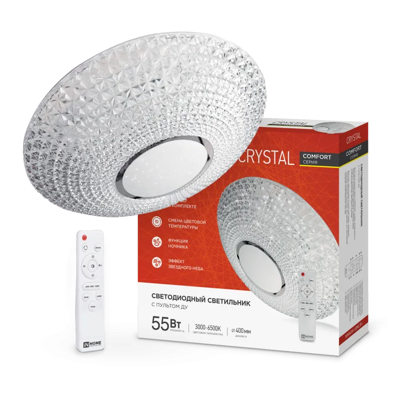 картинка Светильник светодиодный COMFORT CRYSTAL 55Вт 230В 3000-6500K 4400Лм 400x100мм с пультом ДУ IN HOME