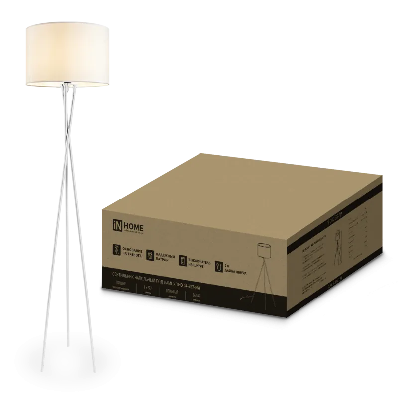 картинка Светильник напольный под лампу ТНО 04-Е27-NW 230В бежевый абажур, белая тренога IN HOME