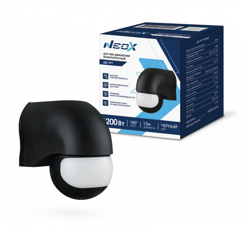 картинка Датчик движения инфракрасный ДД 10Ч 1200Вт 180 гр. 12м IP44 черный NEOX