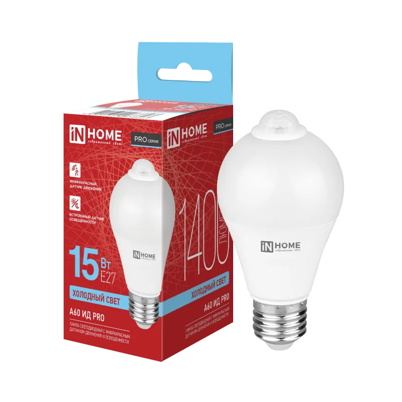 картинка Лампа светодиодная LED-A60 ИД-PRO 15Вт 230В Е27 6500К 1400Лм 5м 35сек с инфракрасным датчиком и датчиком освещенности IN HOME