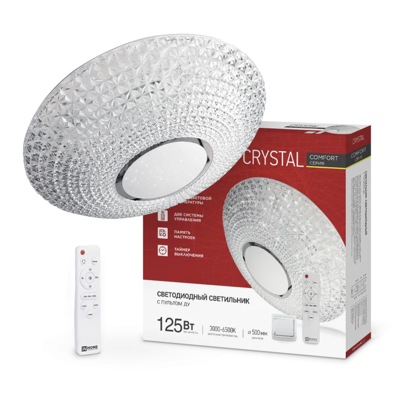 картинка Светильник светодиодный COMFORT CRYSTAL 125Вт 230В 3000-6500K 10000Лм 500x115мм с пультом ДУ IN HOME