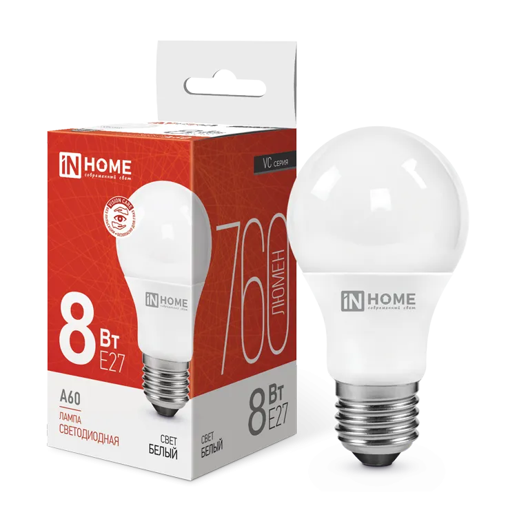 картинка Лампа светодиодная LED-A60-VC 8Вт 230В Е27 4000К 760Лм IN HOME
