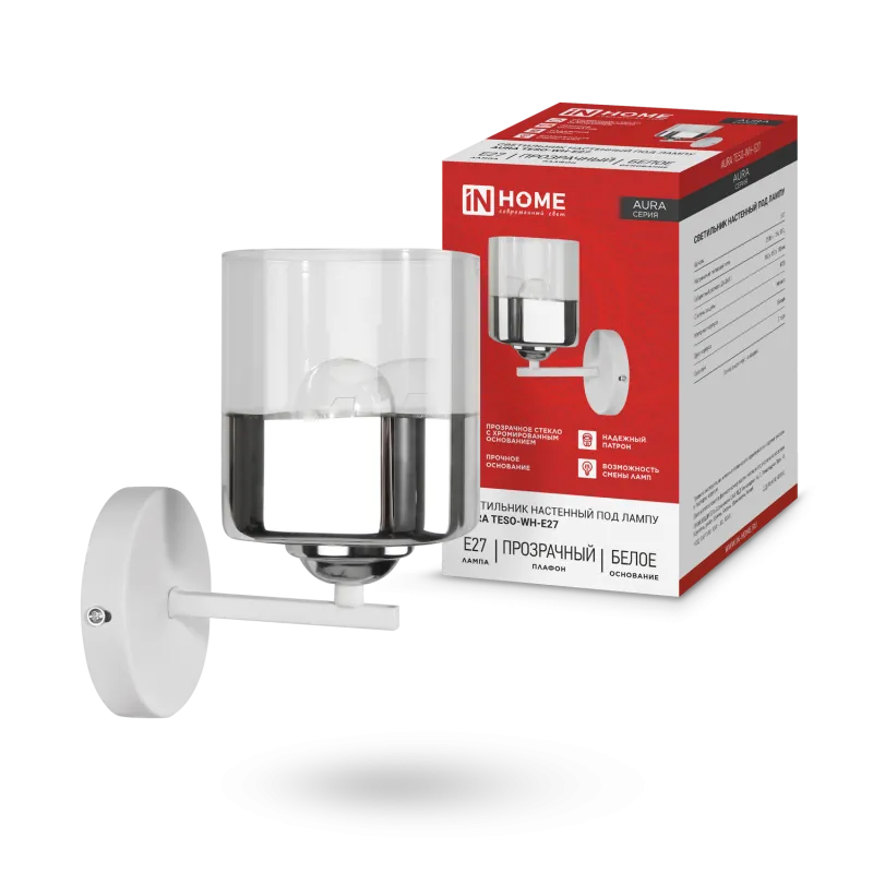 картинка Светильник настенный под лампу AURA TESO-WH-E27 1хЕ27 прозрачный плафон, белый корпус IN HOME