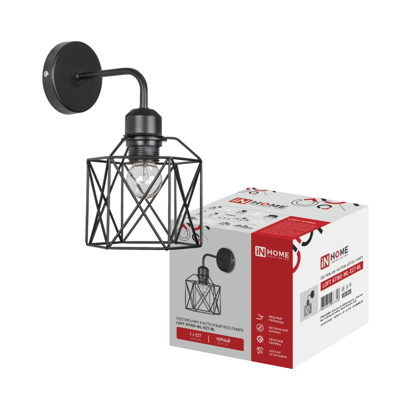 картинка Светильник настенный под лампу LOFT ATIKO-WL-E27-BL Е27 черный IN HOME