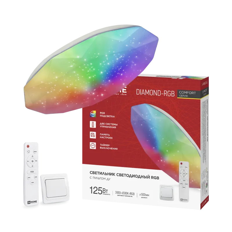 картинка Светильник светодиодный COMFORT DIAMOND-RGB 125Вт 230В 3000-6500K 10000Лм 500x105мм с пультом ДУ IN HOME