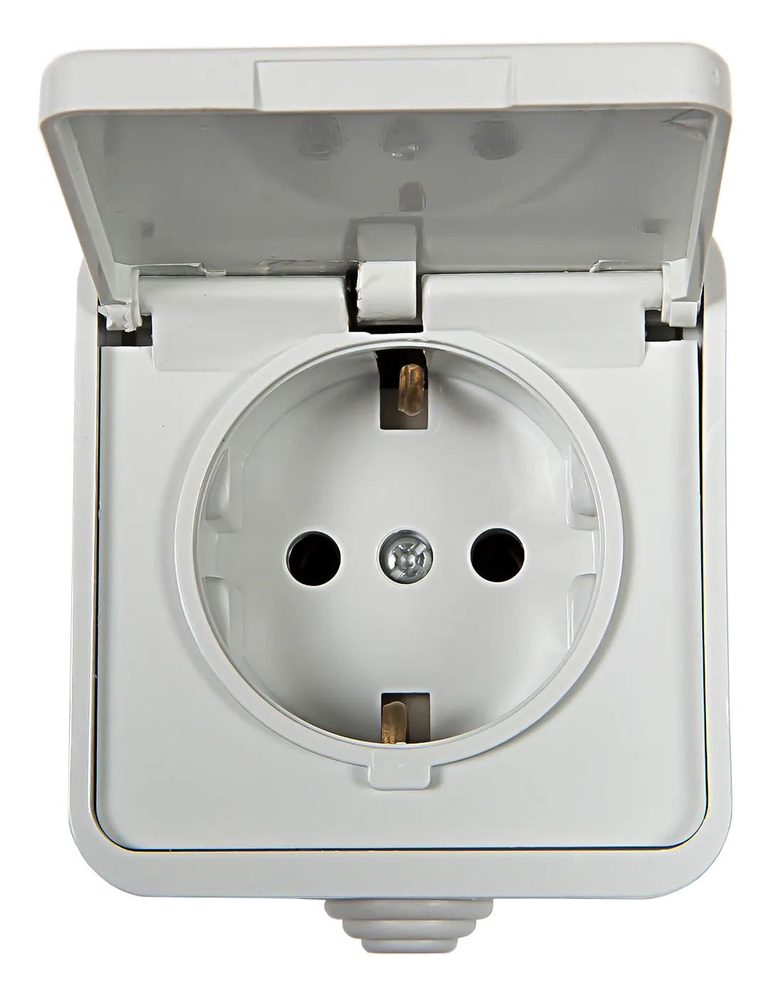 картинка Розетка одинарная с заземлением с крышкой AQUA белая полугерметичная 3112 IN HOME