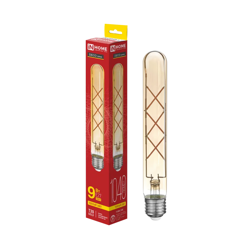 картинка Лампа светодиодная LED-T30-deco gold 9Вт 230В Е27 3000К 1040Лм 225мм золотистая IN HOME