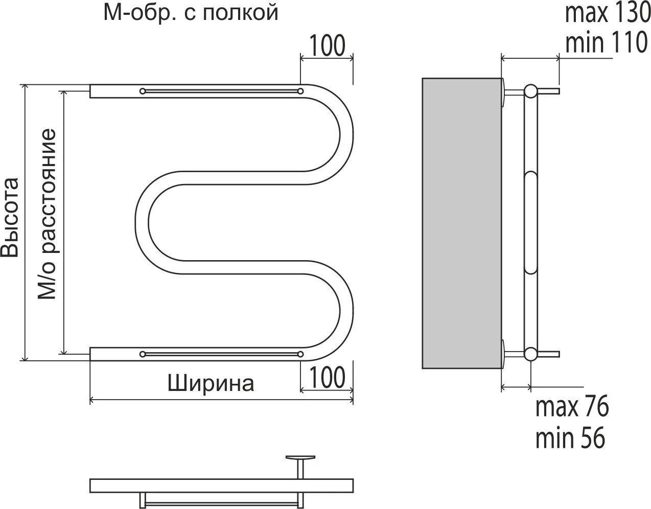 картинка Полотенцесушитель Терминус М-образный с полкой (1") 500х500, арт.4620768880339