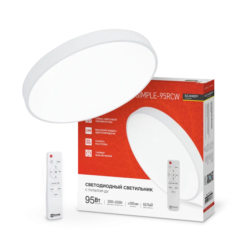 картинка Светильник светодиодный SCANDY SIMPLE-95RCW 95Вт 230В 3000-6500K 7600Лм 500x50мм с пультом ДУ белый IN HOME