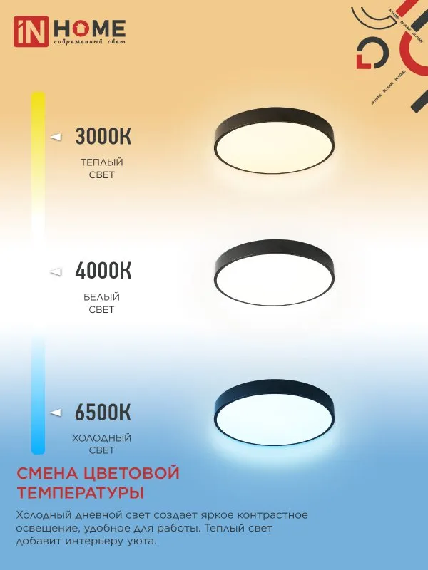 картинка Светильник светодиодный SCANDY SIMPLE-125RCB 125Вт 230В 3000-6500K 10000Лм 400x50мм пульт ДУ черный IN HOME