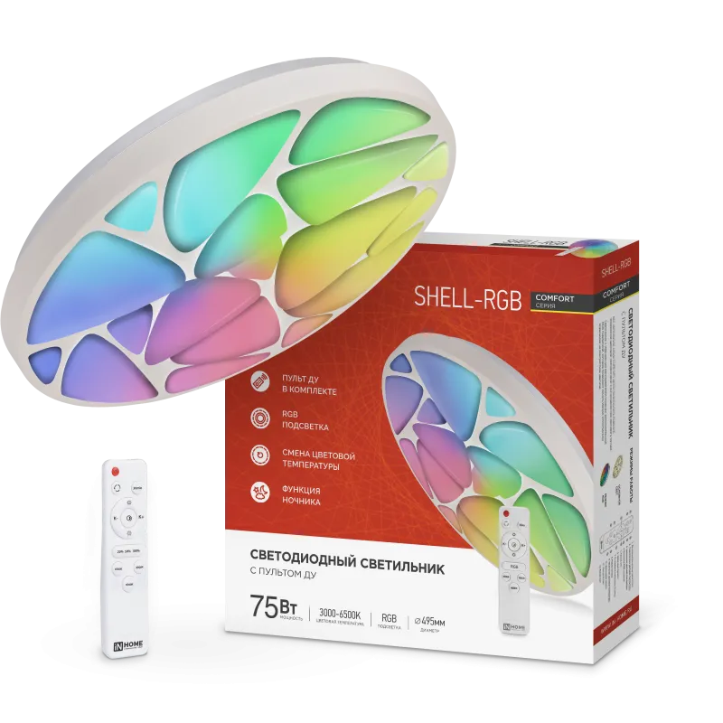 картинка Светильник светодиодный COMFORT SHELL-RGB 75Вт 230В 3000-6500K 6000Лм 500x80мм с пультом ДУ IN HOME