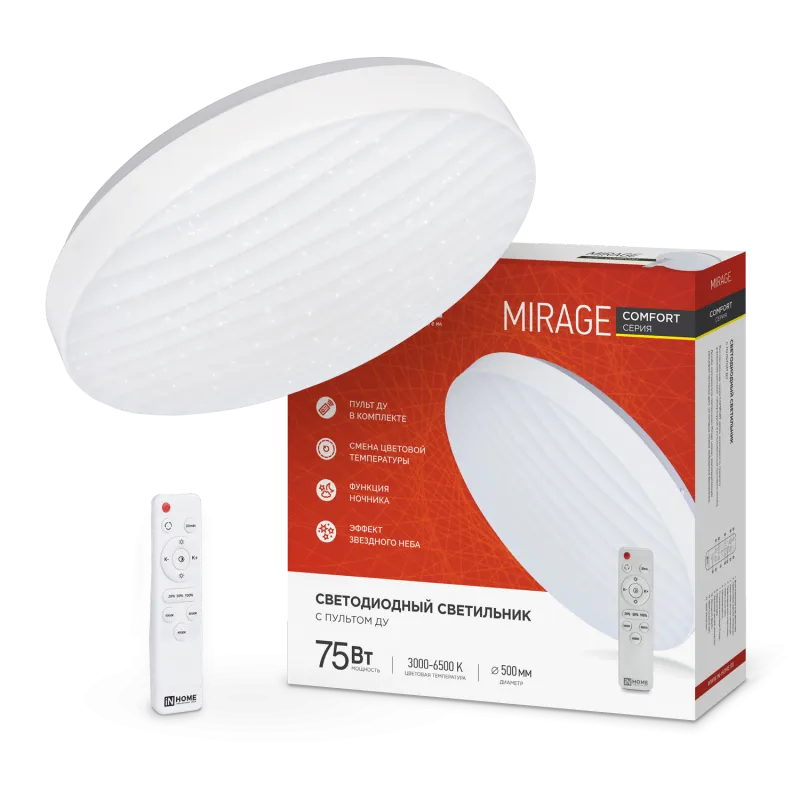 картинка Светильник светодиодный COMFORT MIRAGE 75Вт 230В 3000-6500K 6000Лм 500x105мм с пультом ДУ IN HOME