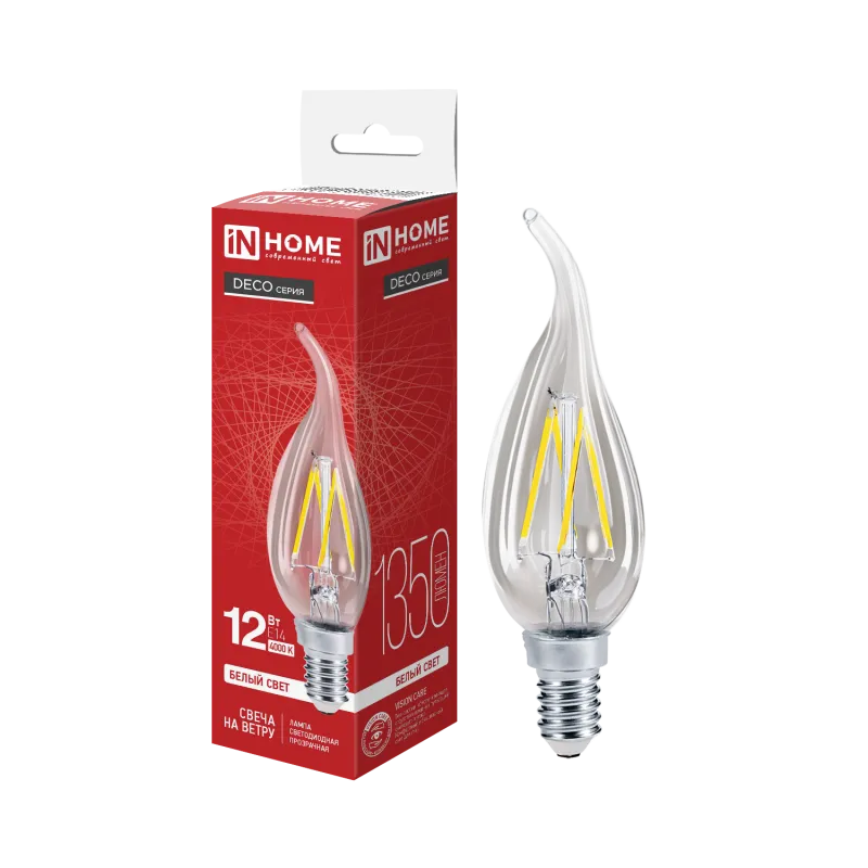 картинка Лампа светодиодная LED-СВЕЧА НА ВЕТРУ-deco 12Вт 230В Е14 4000К 1350Лм прозрачная IN HOME