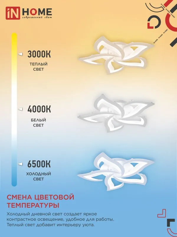 картинка Светильник светодиодный ELEGANT LOTUS 90Вт 230В 3000-6500K 590х570х90мм c пультом ДУ белый IN HOME