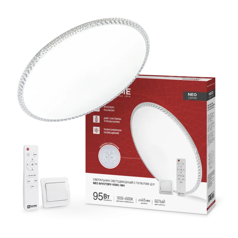картинка Светильник светодиодный NEO MYSTERY-95RC-WH 95Вт 230В 3000-6500K 7600Лм 465x60мм с пультом ДУ белый IN HOME