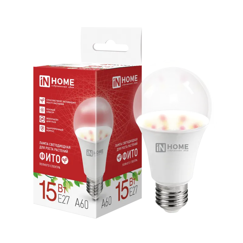 картинка Лампа светодиодная LED-A60 PRO-ФИТО полный спектр 15Вт 230В Е27 IN HOME