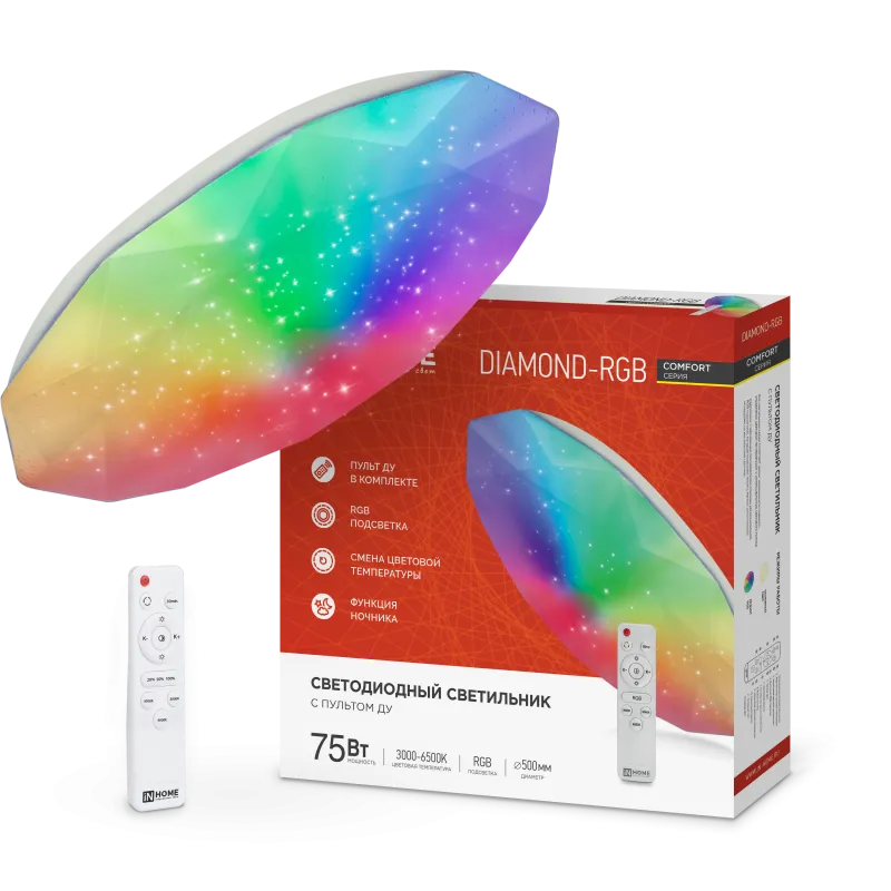 картинка Светильник светодиодный COMFORT DIAMOND-RGB 75Вт 230В 3000-6500K 6000Лм 500x105мм с пультом ДУ IN HOME
