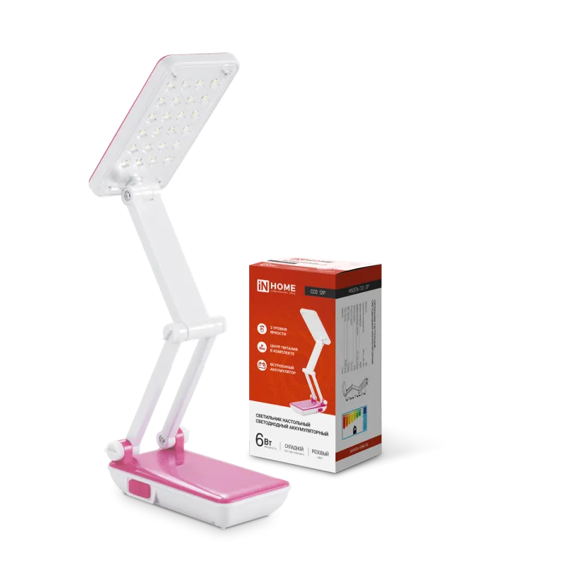 картинка Светильник настольный светодиодный аккумуляторный ССО 12Р 6Вт 6500К 360Лм 2 уровня яркости 230В РОЗОВЫЙ IN HOME