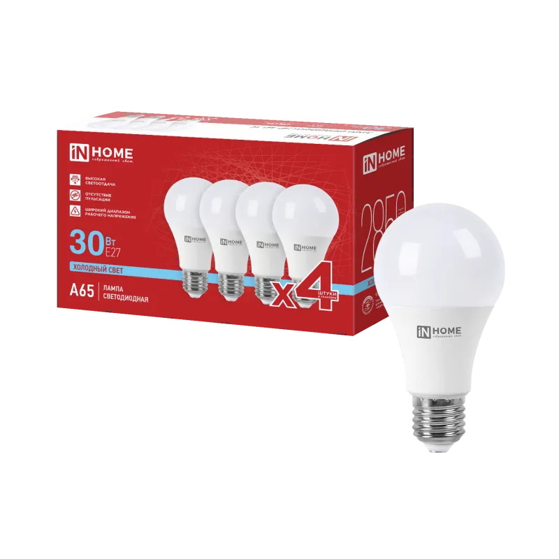 картинка Лампа светодиодная LED-A65-VC 4PACK 30Вт 230В Е27 6500К 2850Лм (4шт./упак) IN HOME