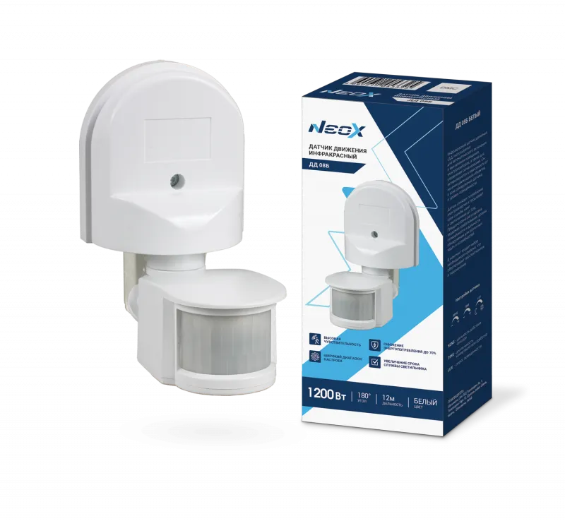 картинка Датчик движения инфракрасный ДД 08Б 1200Вт 180 гр.12м IP44 белый NEOX