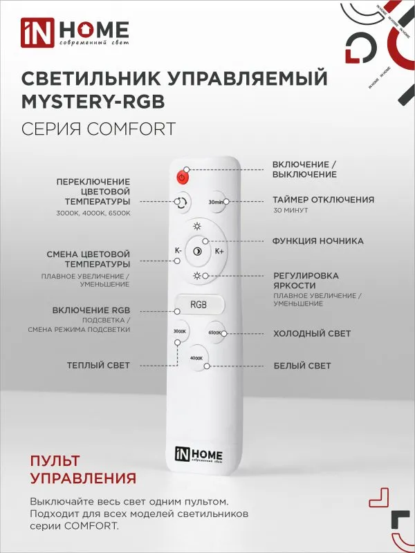 картинка Светильник светодиодный COMFORT MYSTERY-RGB 75Вт 230В 3000-6500K 6000Лм 500x80мм с пультом ДУ IN HOME