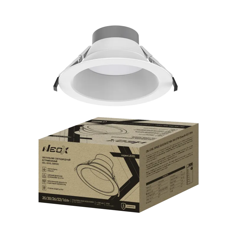 картинка Светильник встраиваемый светодиодный CDL-LEVEL 35PA5C 35/30/26/22/16Вт 100-277В 125Лм/Вт 5ССТ 5лет 260мм NEOX