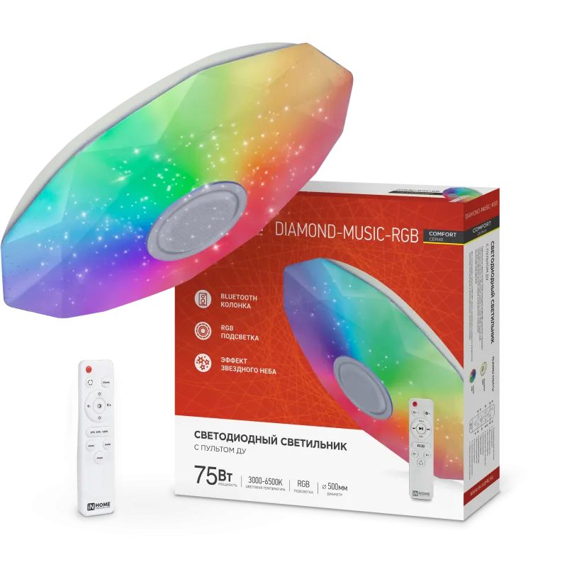 картинка Светильник светодиодный COMFORT DIAMOND-MUSIC-RGB 75Вт 230В 3000-6500K 6000Лм 500x100мм с пультом дистанционного управления IN HOME