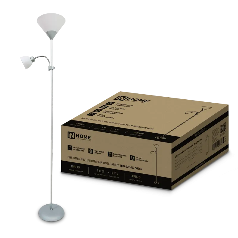 картинка Светильник напольный под лампу ТНО 02-Е27+Е14С 230В белый плафон, серебряный корпус IN HOME