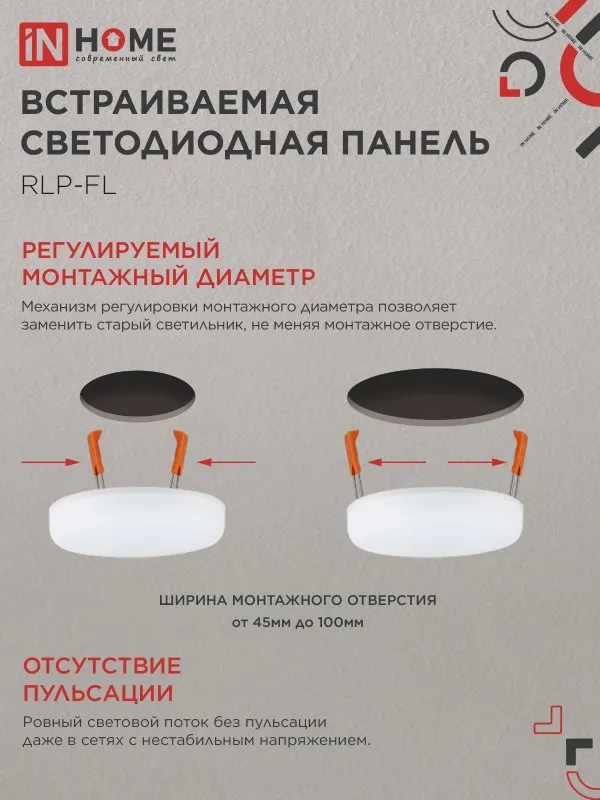 картинка Панель светодиодная встраиваемая безрамочная RLP-FL 18Вт 230В 6500К 1620Лм 120мм с регулируемым монтажом 45-100мм белая IP20 IN HOME