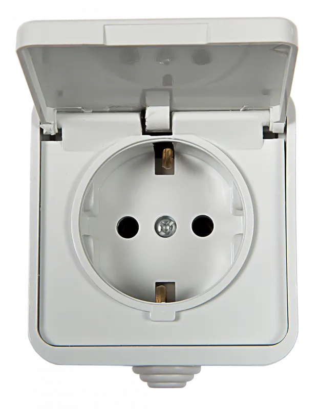 картинка Розетка одинарная с заземлением с крышкой AQUA белая полугерметичная 3112 IN HOME