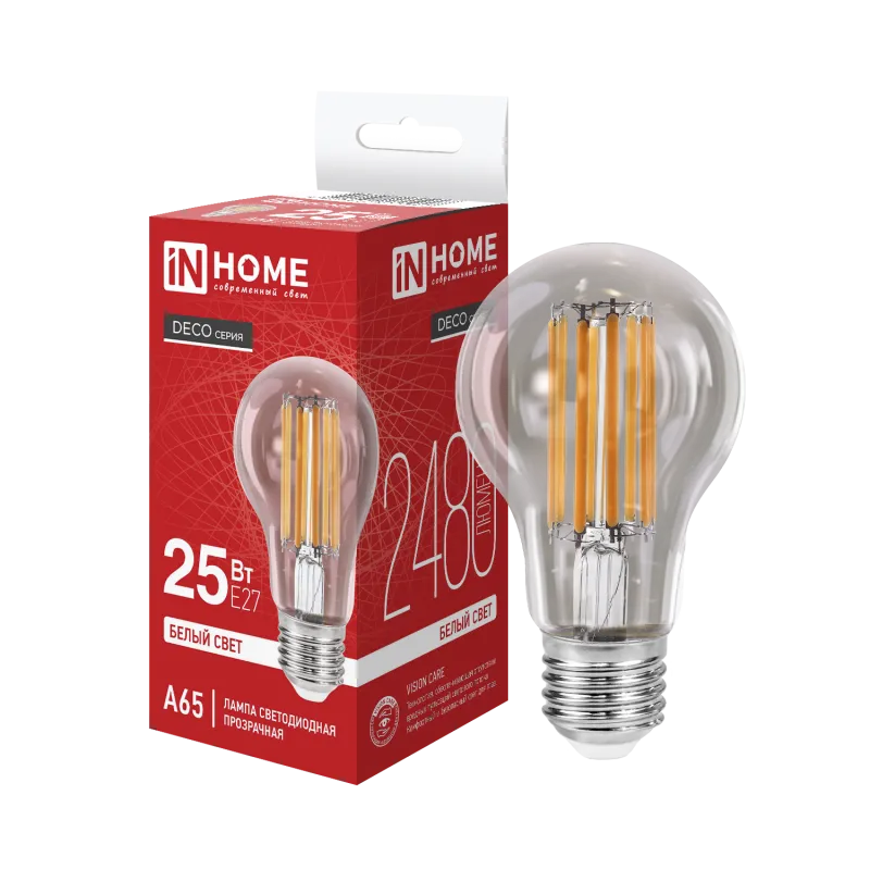 картинка Лампа светодиодная LED-A65-deco 25Вт 230В Е27 4000К 2480Лм прозрачная IN HOME