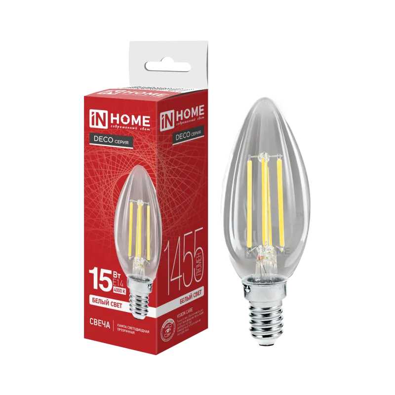 картинка Лампа светодиодная LED-СВЕЧА-deco 15Вт 230В Е14 4000К 1455Лм прозрачная IN HOME