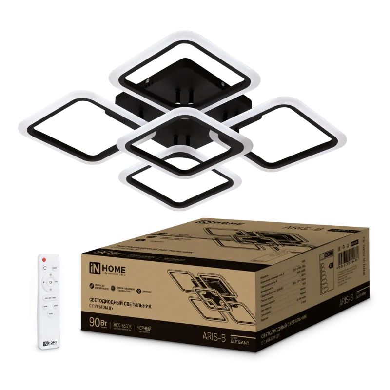 картинка Светильник светодиодный ELEGANT ARIS-B 90Вт 230В 3000-6500K 590х590х130мм c пультом ДУ черный IN HOME
