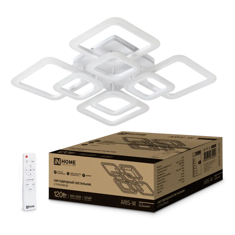 картинка Светильник светодиодный ELEGANT ARIS-W 120Вт 230В 3000-6500K 590х590х130мм c пультом ДУ белый IN HOME