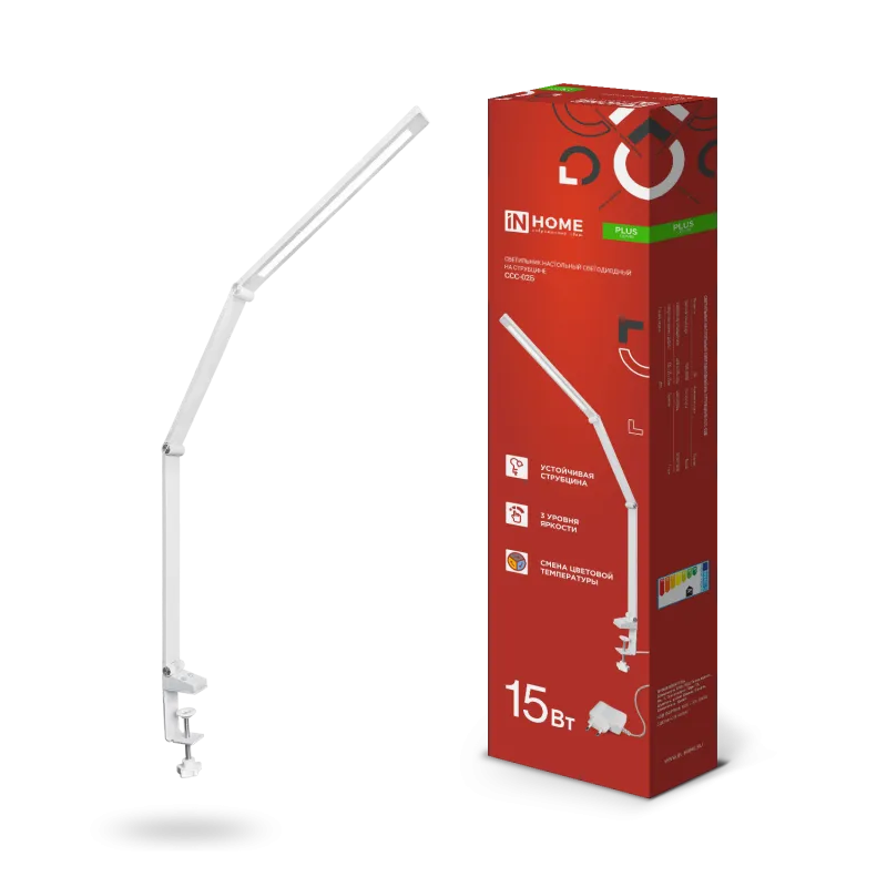 картинка Светильник настольный светодиодный PLUS ССС-02Б 15Вт 3000-6500К 600Лм USB, с адаптером, струбцина БЕЛЫЙ IN HOME