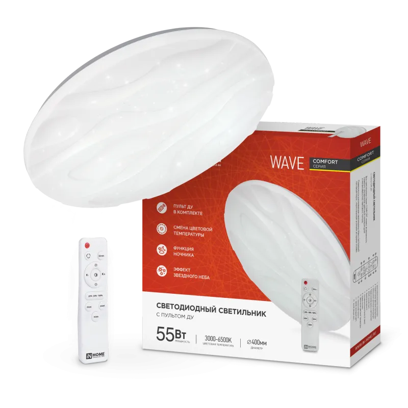 картинка Светильник светодиодный COMFORT WAVE 55Вт 230В 3000-6500K 4400Лм 400x75мм с пультом ДУ IN HOME
