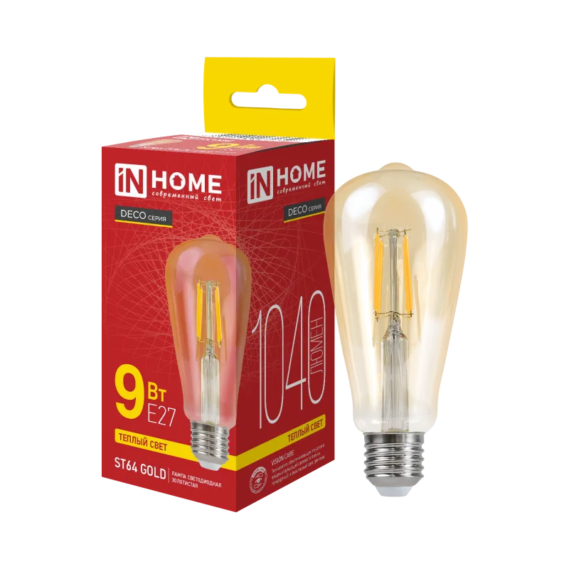 картинка Лампа светодиодная LED-ST64-deco gold 9Вт 230В Е27 3000К 1040Лм золотистая IN HOME
