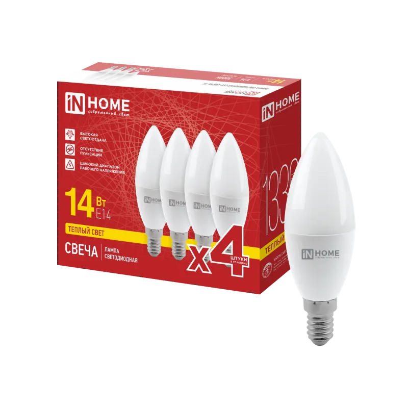 картинка Лампа светодиодная LED-СВЕЧА-VC 4PACK 14Вт 230В Е14 3000К 1330Лм (4шт./упак) IN HOME