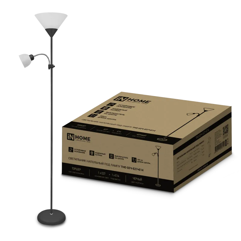 картинка Светильник напольный под лампу ТНО 02-Е27+Е14Ч 230В белый плафон, черный корпус IN HOME