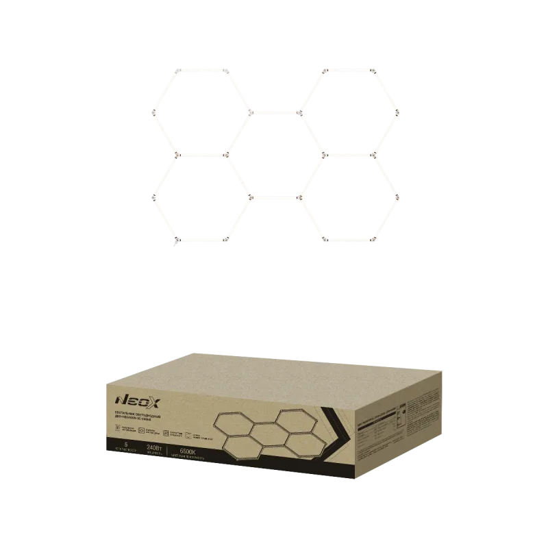 картинка Светильник светодиодный ДБО-HEXAGON 5С-24065 240Вт 230В 6500К 5 сот 0.5м шнур с вилкой 1628х2380мм NEOX