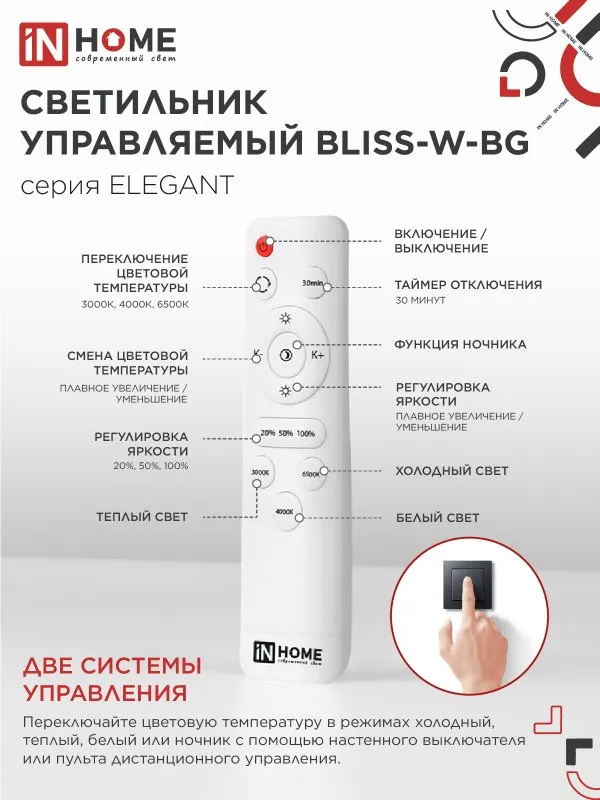 картинка Светильник светодиодный ELEGANT BLISS-W-BG 120Вт 230В 3000-6500K 8400Лм 780х550х130мм пульт ДУ белый IN HOME